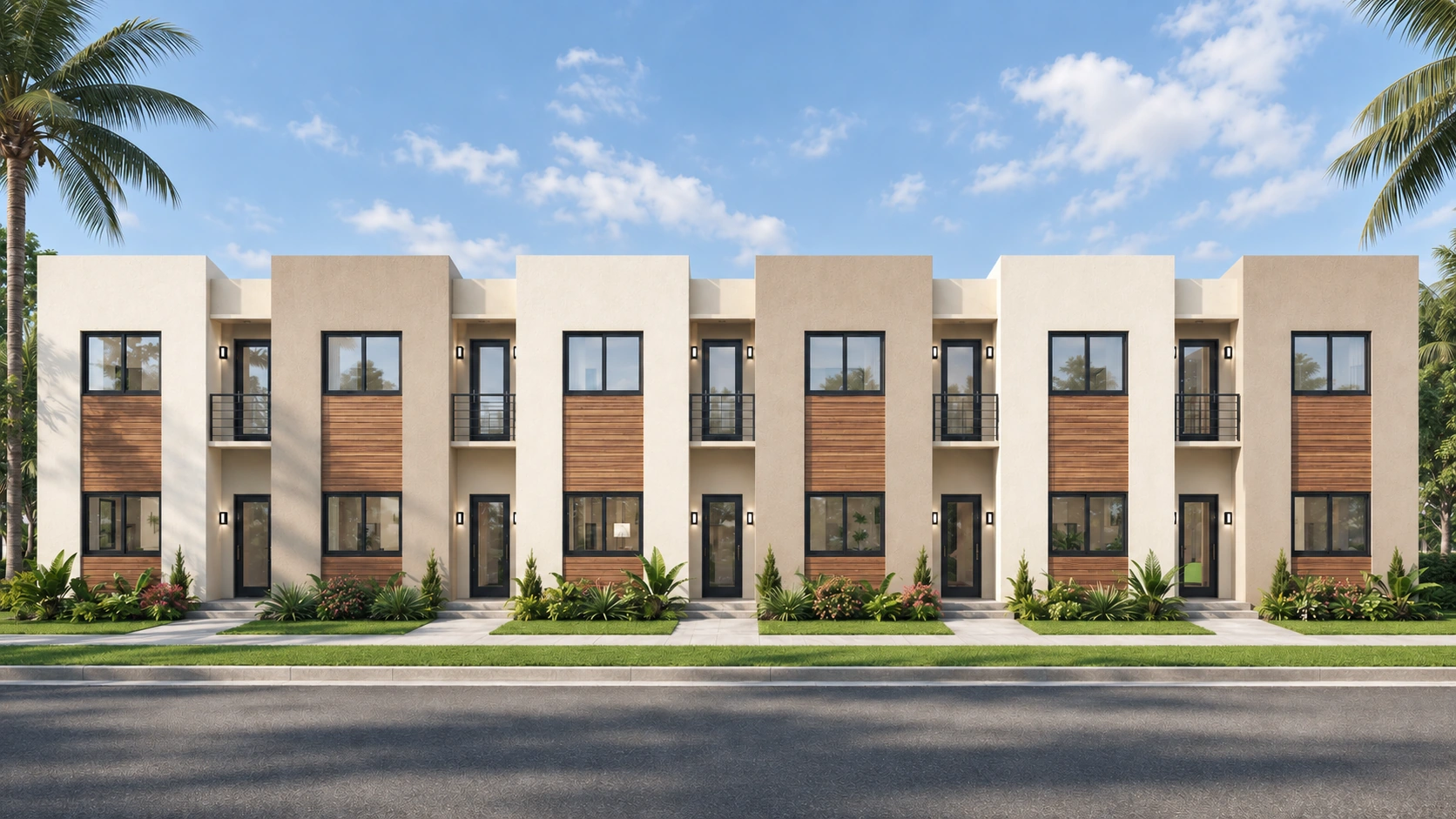 Front-facing architectural rendering of The AMANI Residences townhomes in Brownsville